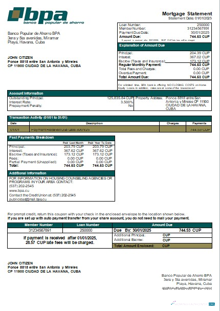 Download Cuba Banco Popular de Ahorro BPA bank mortgage statement scr Photoshop template